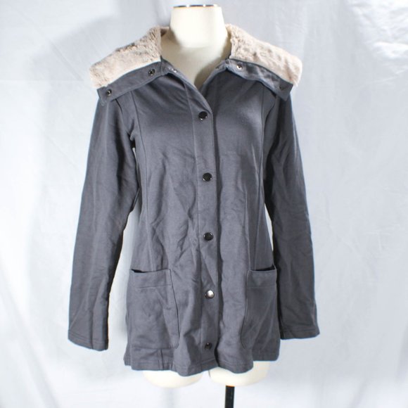 Merona Ash Gray Lightweight Jacket with Cream Tan Faux Fur Collar – Size Large - Picture 3 of 7